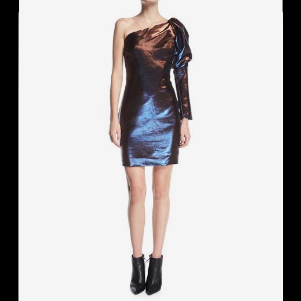 Marlene Olivier Celine One-Shoulder Shirred Long-Sleeve Metallic Cocktail Dress